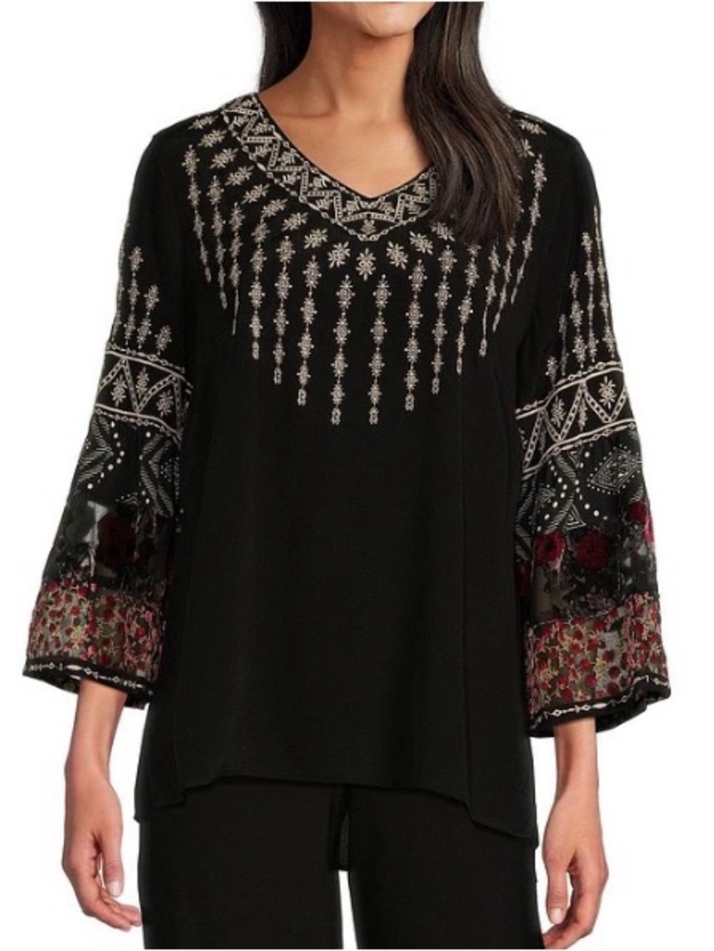 John Mark Geometric Floral Embroidered V-neck Velvet Burnout Bell Sleeve Top M